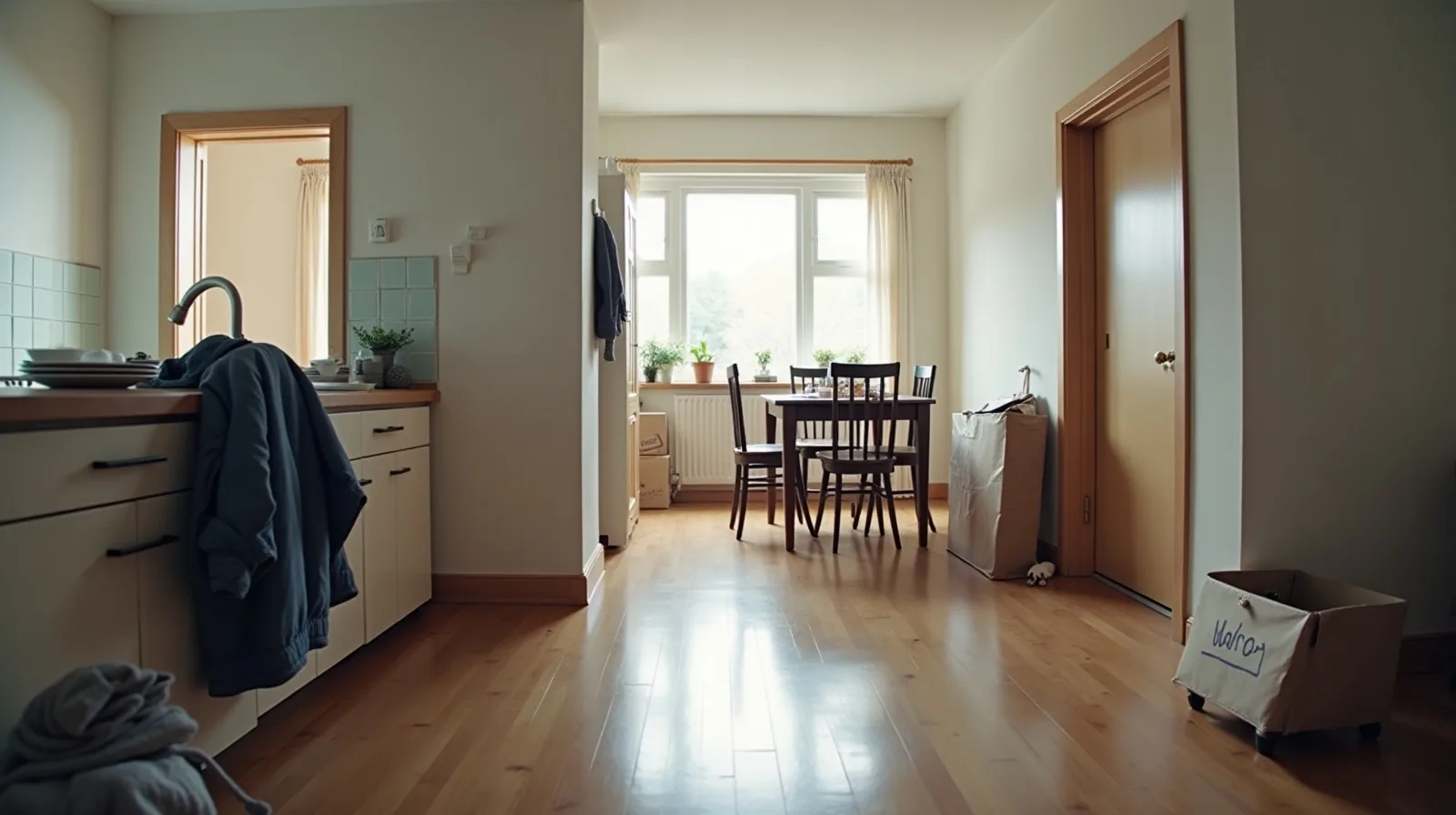 An apartment with small unfinished tasks in view including a jacket on a chair, plates by the sink, a towel over a door and a package by the entryway