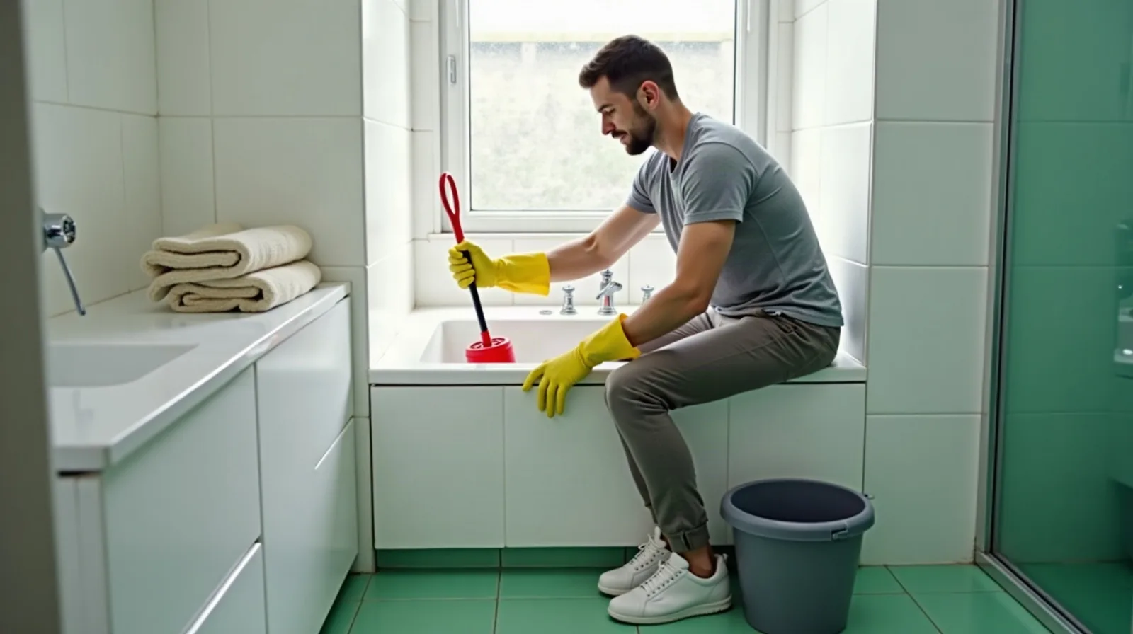 A person in yellow rubber gloves sitting on the edge of a white bathtub in profile, holding a red plunger over the tub drain, with a gray bucket on a green-tiled floor and folded towels on the vanity beside a bright window