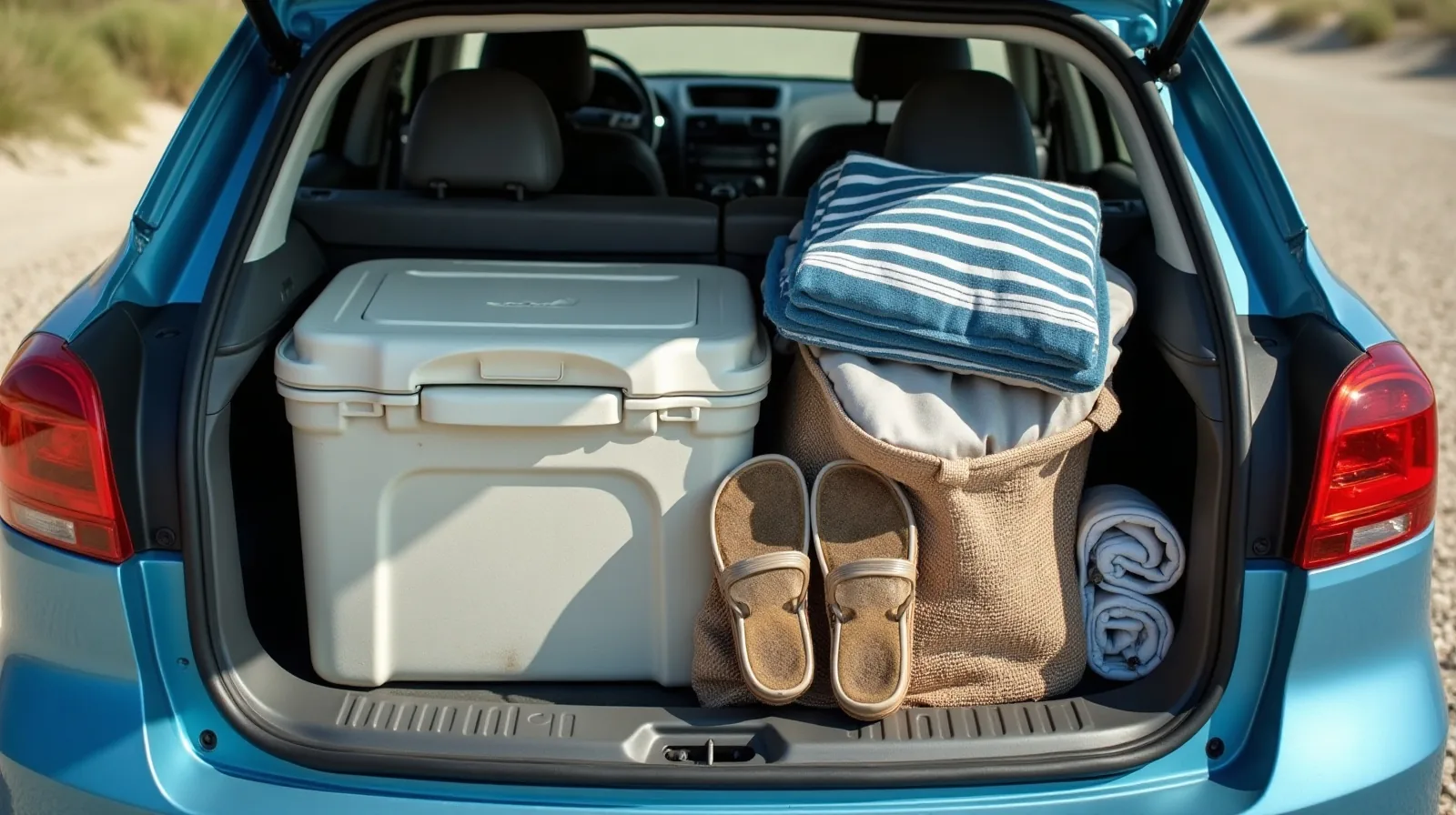An open car hatchback packed with a cooler, folded canvas beach chairs, a mesh bag of sandy sandals, a rolled umbrella and a damp towel, parked on gravel at the edge of dune grass