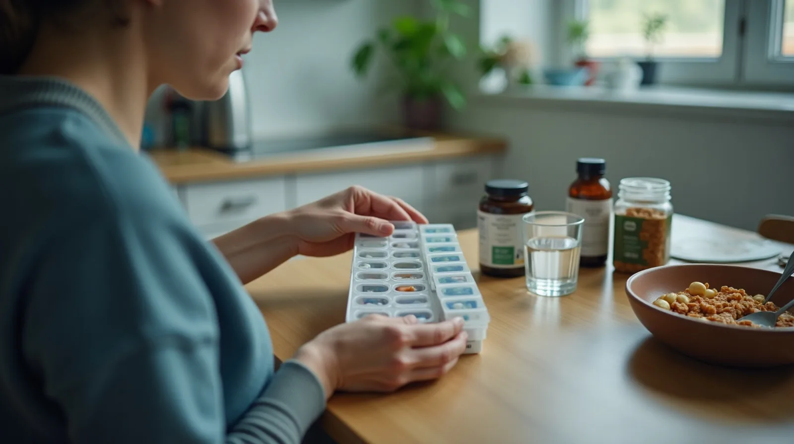 A person seen in profile at a kitchen counter opening a weekly pill organizer beside a glass of water, a half-eaten bowl of cereal and two supplement bottles pushed against the backsplash