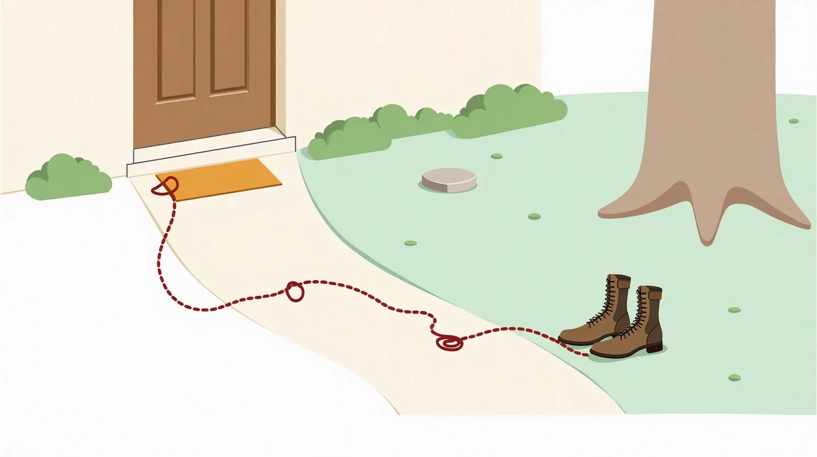 Flat illustration of a front door with walking shoes and a leash beside a dotted walking loop through a small park