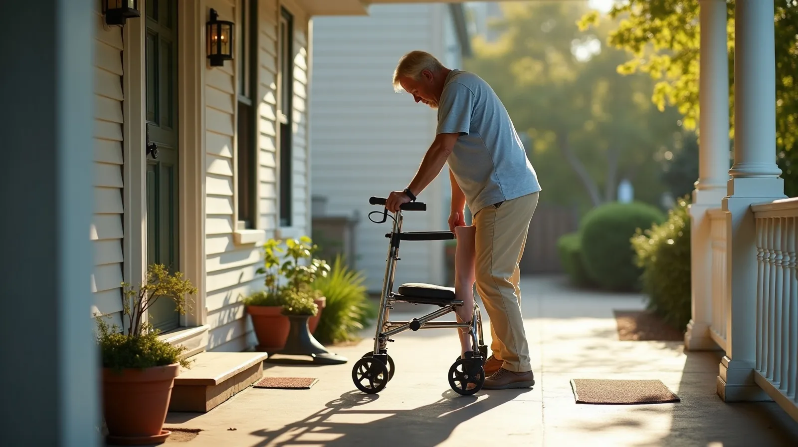 A person crossing a sunlit front porch in comfortable clothes, heading out for a morning walk