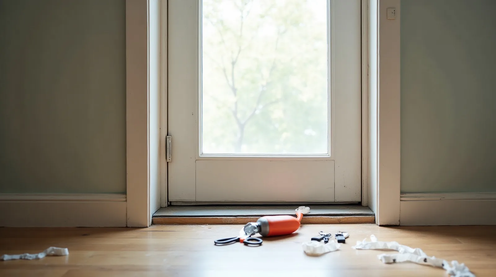An entry door with new weatherstripping and a door sweep, with a caulk gun and offcuts on the floor beside it.