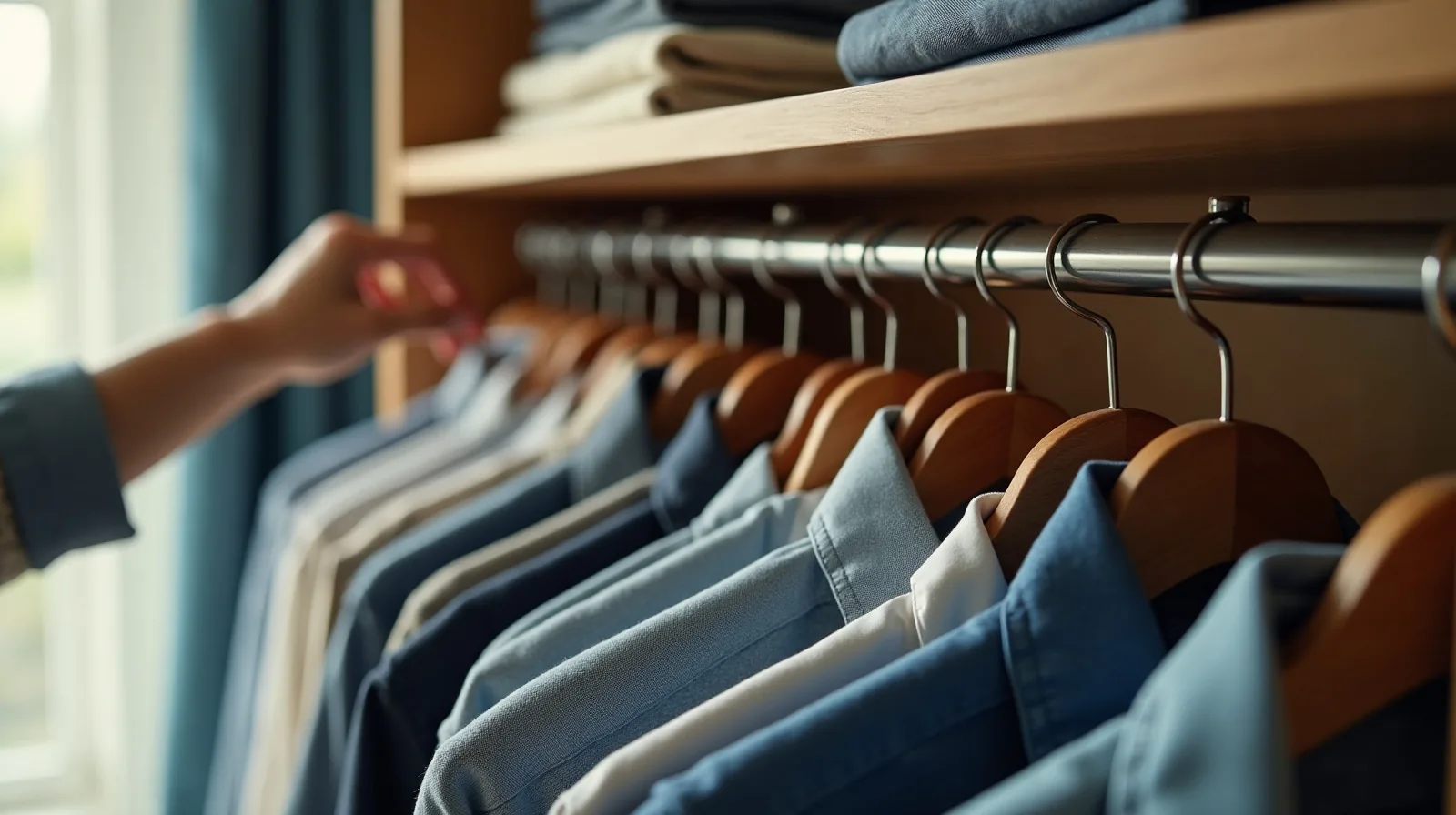 A hand sliding a slim matching hanger along a wooden closet rod of pressed shirts, with folded sweaters and a canvas bin on the shelf above