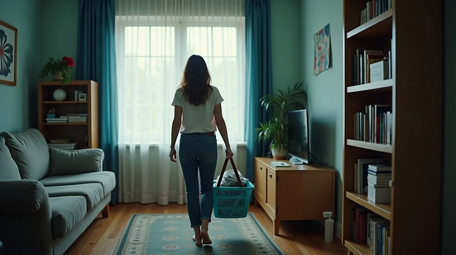 A person carrying a laundry basket of stray items through a living room during a weekend reset.