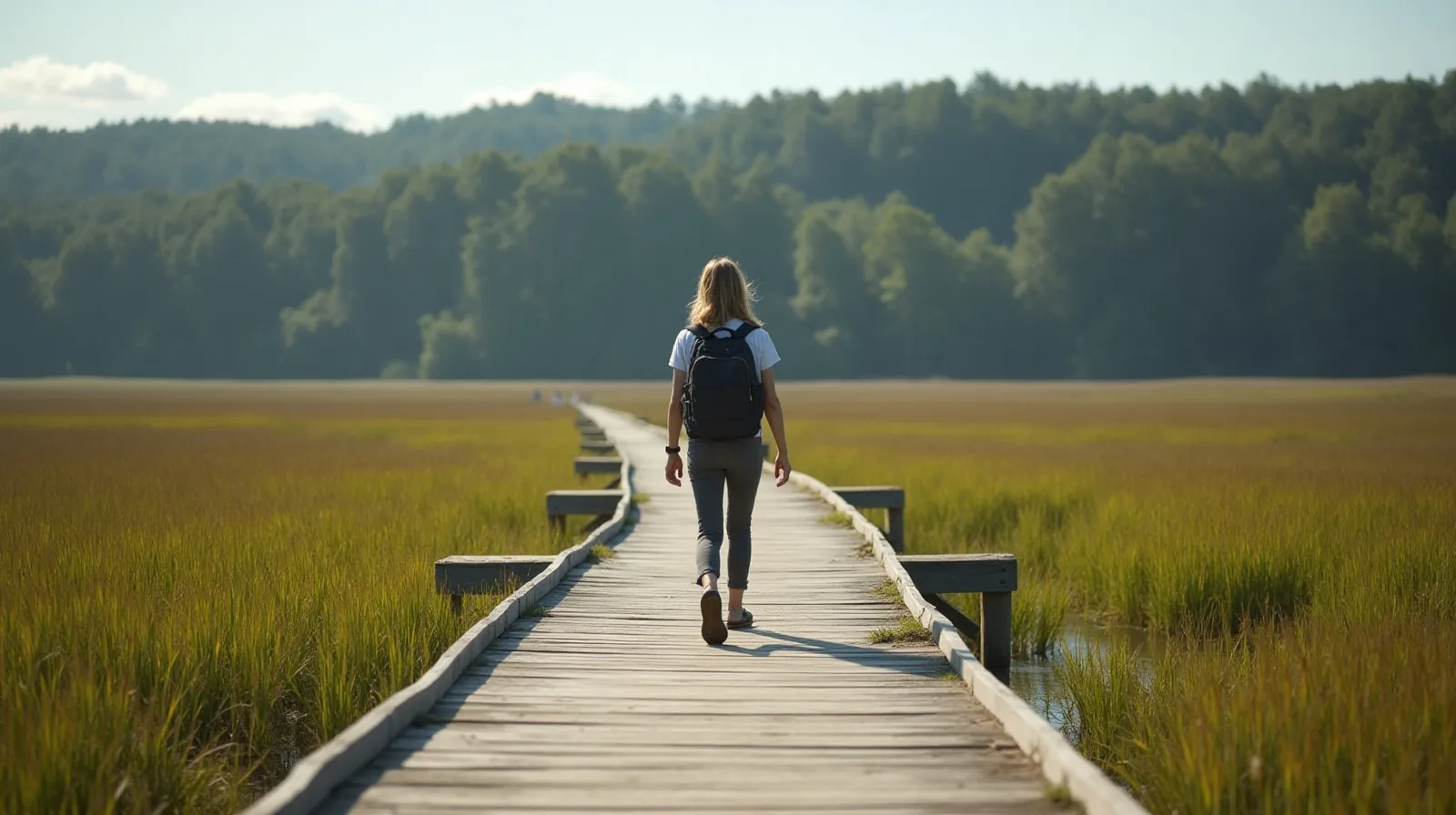 A day-tripper with a small backpack seen from behind, crossing a boardwalk over a marsh toward a wooded ridge