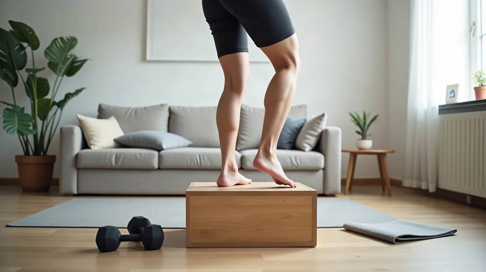 A person's legs and torso captured mid-step-up onto a sturdy wooden step in a bright, uncluttered living room, one knee driving upward, a folded exercise mat and a pair of hand weights resting on the floor nearby