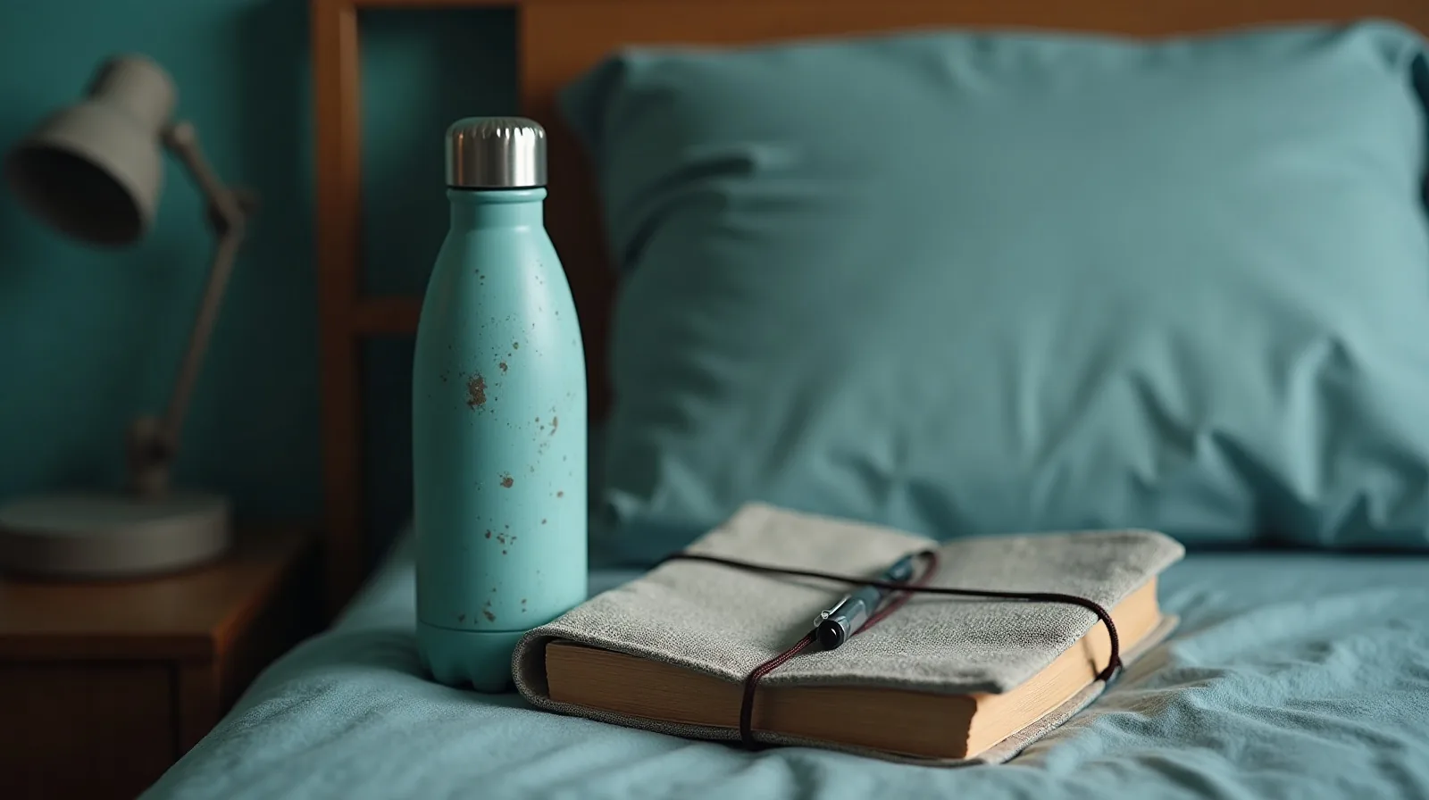A worn reusable water bottle next to a well-used journal and pen on a nightstand.