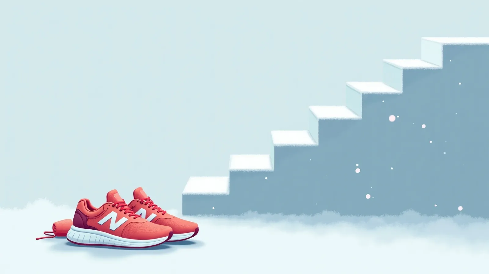 A flat illustration of running shoes waiting beside a low two-step platform, with a tall staircase behind it and snowflakes falling around